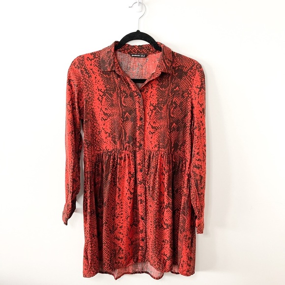Stradivarius Red Snake Print Mini Shirt Dress Size Small - Picture 4 of 9